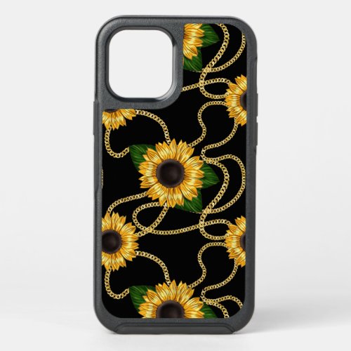 Classy Yellow Sunflowers Stylish Pattern on Black OtterBox Symmetry iPhone 12 Case