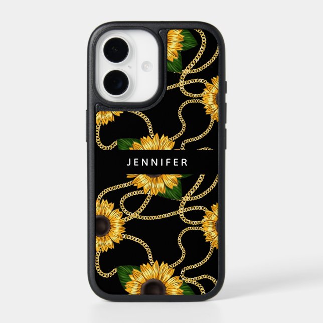 Classy Yellow Sunflowers Stylish Pattern on Black Otterbox iPhone Case (Back)