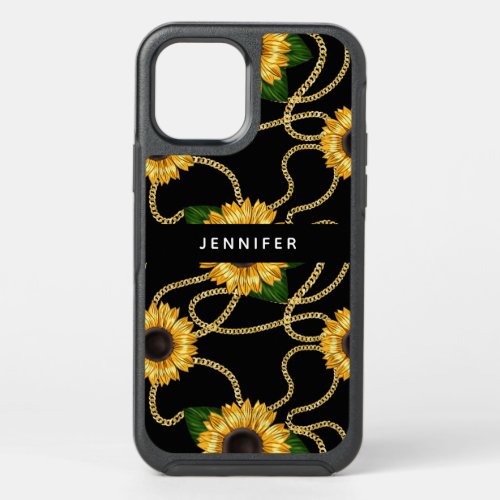 Classy Yellow Sunflowers Stylish Pattern on Black OtterBox Symmetry iPhone 12 Case