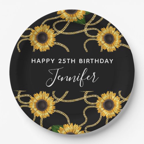 Classy Yellow Sunflowers Stylish Pattern on Black Paper Plates