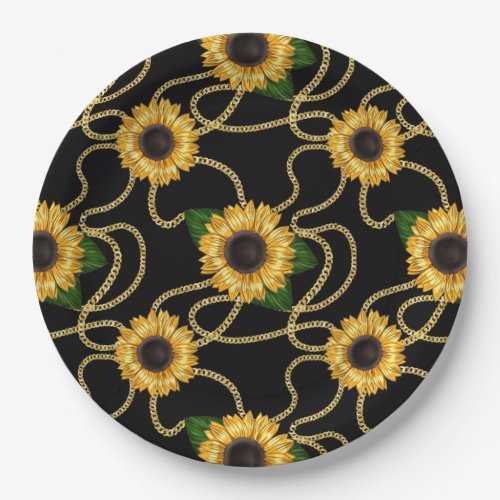 Classy Yellow Sunflowers Stylish Pattern on Black Paper Plates