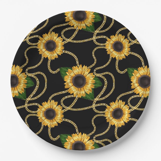 Classy Yellow Sunflowers Stylish Pattern on Black Paper Plates (Front)