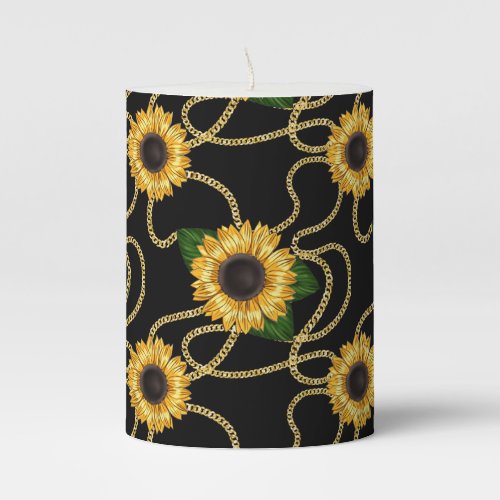 Classy Yellow Sunflowers Stylish Pattern on Black Pillar Candle