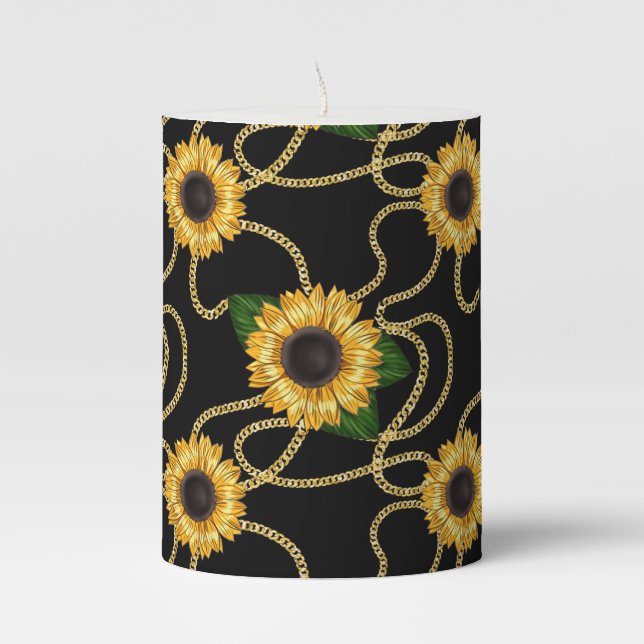 Classy Yellow Sunflowers Stylish Pattern on Black Pillar Candle (Front)