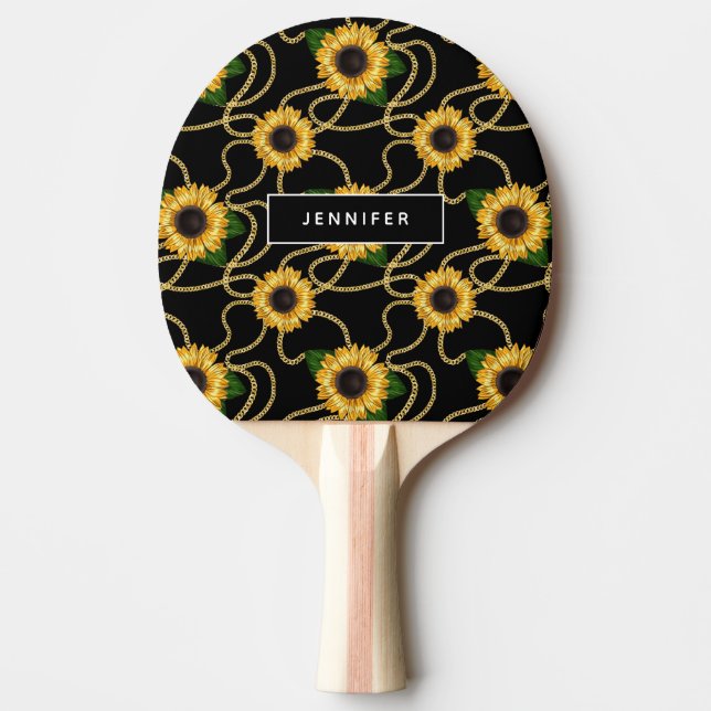 Classy Yellow Sunflowers Stylish Pattern on Black Ping Pong Paddle (Front)