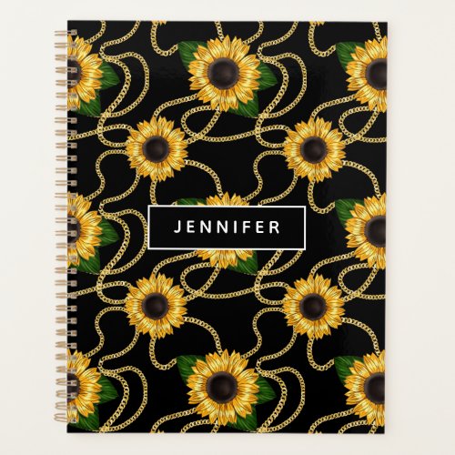 Classy Yellow Sunflowers Stylish Pattern on Black Planner