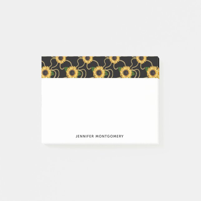 Classy Yellow Sunflowers Stylish Pattern on Black Post-it Notes (Front)