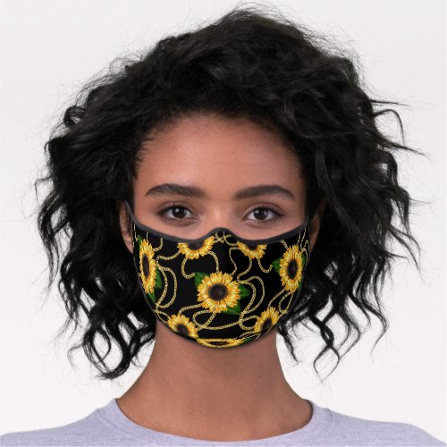 Classy Yellow Sunflowers Stylish Pattern on Black Premium Face Mask