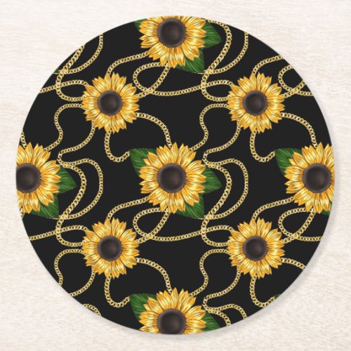 Classy Yellow Sunflowers Stylish Pattern on Black Round Paper Coaster