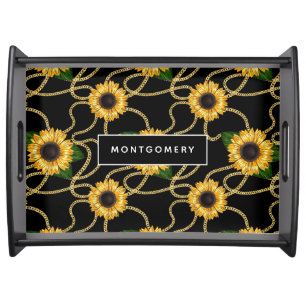 Classy Yellow Sunflowers Stylish Pattern on Black Serving Tray