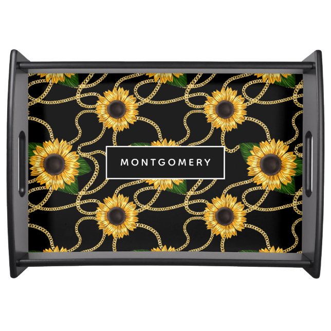 Classy Yellow Sunflowers Stylish Pattern on Black Serving Tray (Front)
