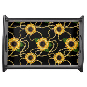 Classy Yellow Sunflowers Stylish Pattern on Black Serving Tray