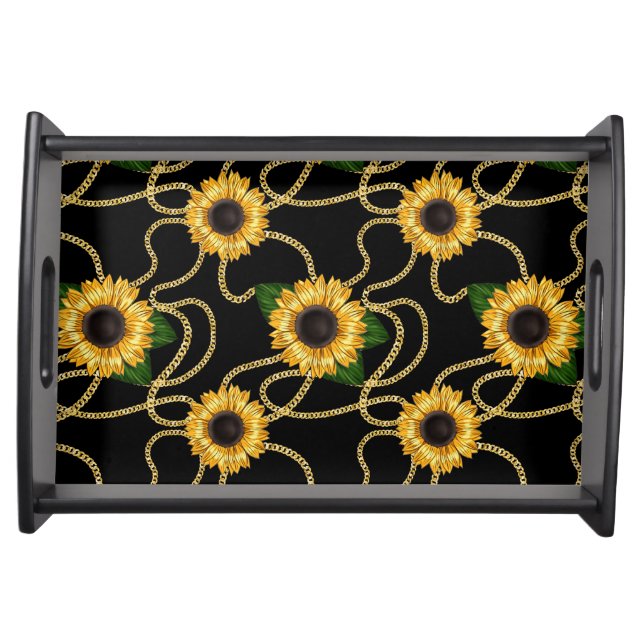 Classy Yellow Sunflowers Stylish Pattern on Black Serving Tray (Front)