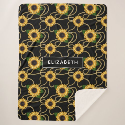 Classy Yellow Sunflowers Stylish Pattern on Black Sherpa Blanket