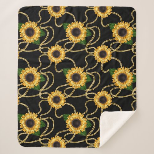 Classy Yellow Sunflowers Stylish Pattern on Black Sherpa Blanket