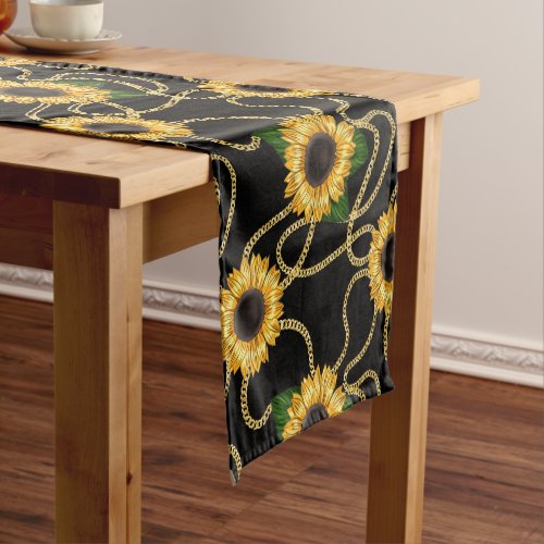 Classy Yellow Sunflowers Stylish Pattern on Black Short Table Runner