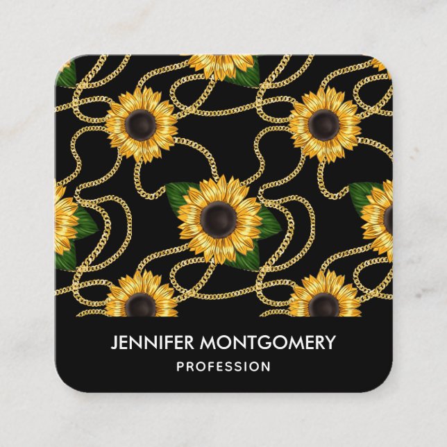 Classy Yellow Sunflowers Stylish Pattern on Black Square Business Card (Front)