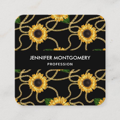 Classy Yellow Sunflowers Stylish Pattern on Black Square Business Card