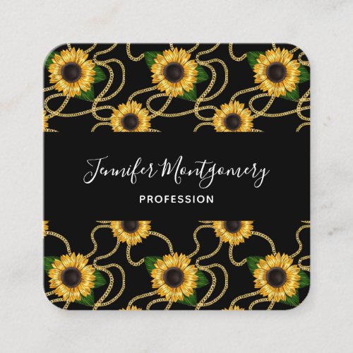 Classy Yellow Sunflowers Stylish Pattern on Black Square Business Card