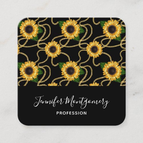 Classy Yellow Sunflowers Stylish Pattern on Black Square Business Card