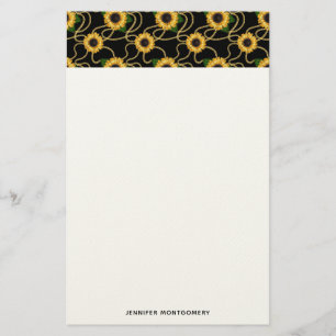 Classy Yellow Sunflowers Stylish Pattern on Black Stationery