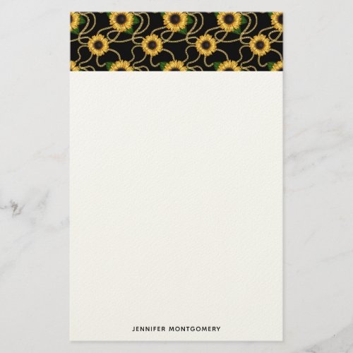 Classy Yellow Sunflowers Stylish Pattern on Black Stationery