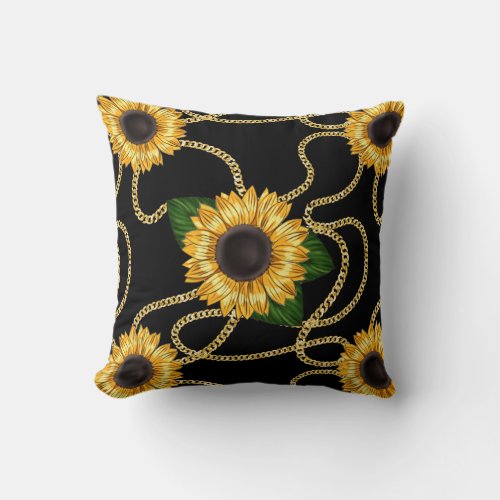 Classy Yellow Sunflowers Stylish Pattern on Black Throw Pillow