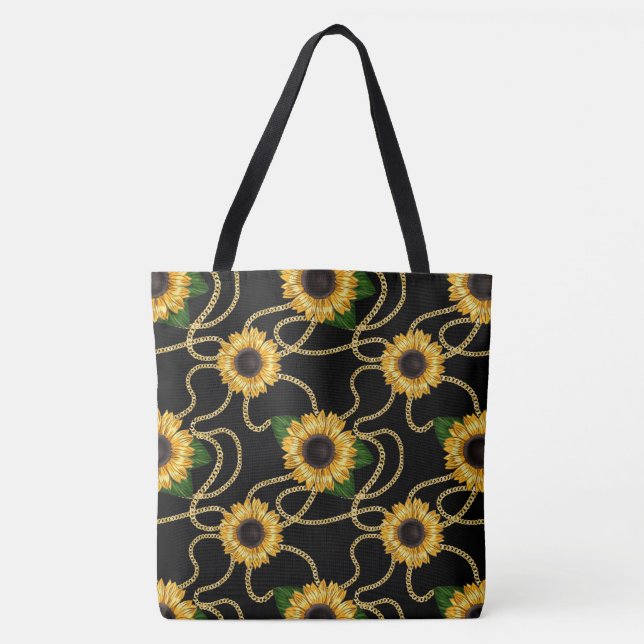 Classy Yellow Sunflowers Stylish Pattern on Black Tote Bag (Front)