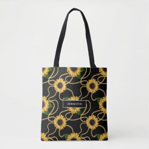 Classy Yellow Sunflowers Stylish Pattern on Black Tote Bag