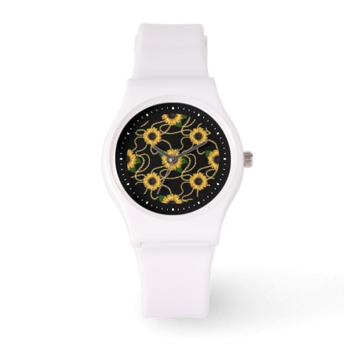 Classy Yellow Sunflowers Stylish Pattern on Black Watch