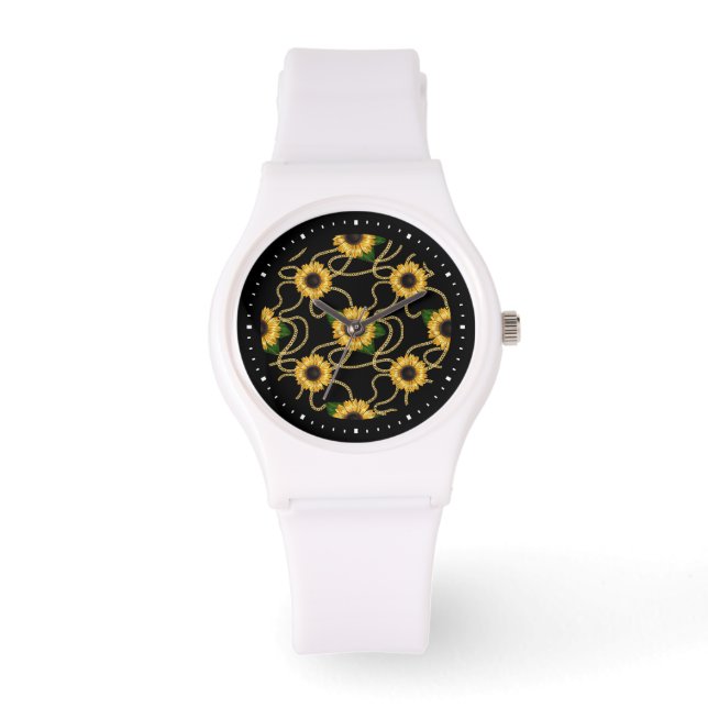 Classy Yellow Sunflowers Stylish Pattern on Black Watch (Front)