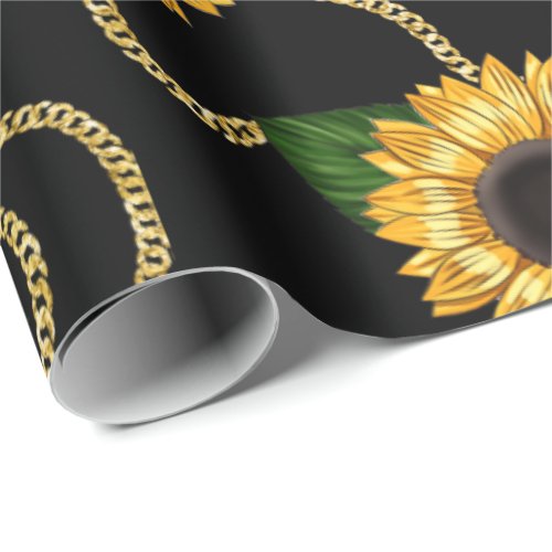 Classy Yellow Sunflowers Stylish Pattern on Black Wrapping Paper