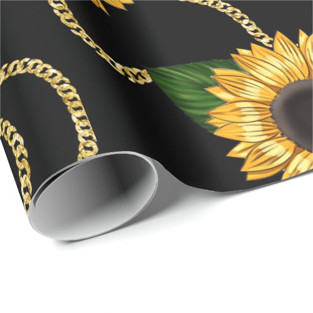 Classy Yellow Sunflowers Stylish Pattern on Black Wrapping Paper (Roll Corner)