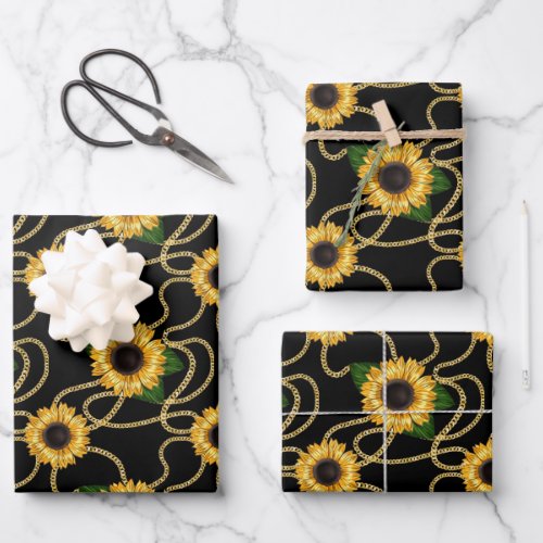 Classy Yellow Sunflowers Stylish Pattern on Black Wrapping Paper Sheets