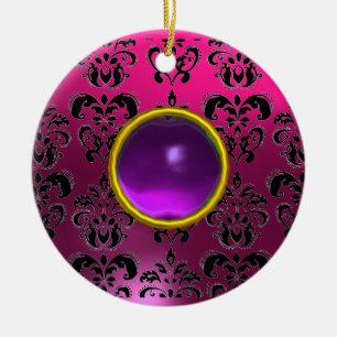 CLASSYBLACK PINK PURPLE FUCHSIA DAMASK GEM CERAMIC ORNAMENT