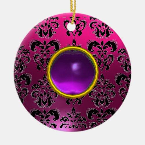 CLASSYBLACK  PINK PURPLE FUCHSIA DAMASK GEM CERAMIC ORNAMENT