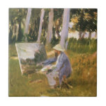 Claude Monet Painting, Edge of a Wood by Sargent Tile<br><div class="desc">Claude Monet Painting By the Edge of a Wood (c. 1887) by John Singer Sargent is a vintage Victorian fine art portrait painting. Claude Monet is painting a landscape on a painter's canvas in a meadow by the edge of a forest. His future second wife (Alice Hoschedé) is watching him...</div>