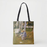 Claude Monet Painting, Edge of a Wood by Sargent Tote Bag<br><div class="desc">Claude Monet Painting By the Edge of a Wood (c. 1887) by John Singer Sargent is a vintage Victorian fine art portrait painting. Claude Monet is painting a landscape on a painter's canvas in a meadow by the edge of a forest. His future second wife (Alice Hoschedé) is watching him...</div>