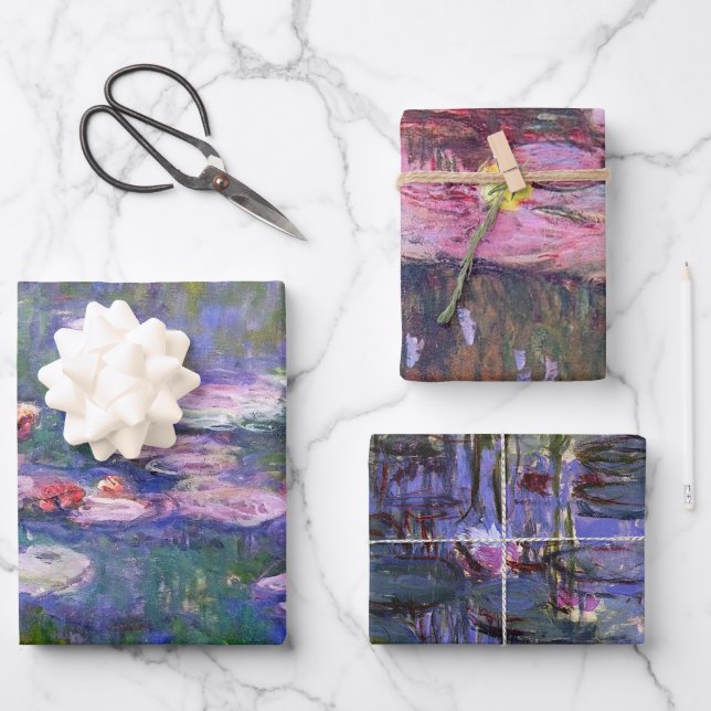 Claude Monet Purple & Pink Water Lilies Wrapping Paper Sheets (Front)