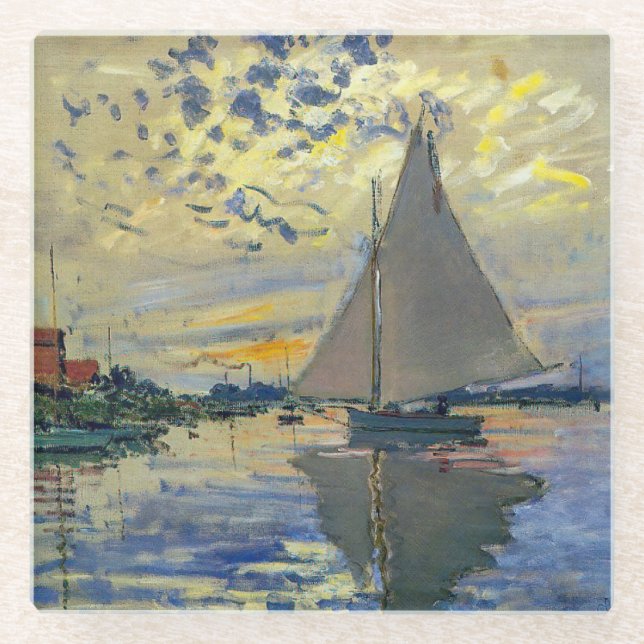 Claude Monet - Sailboat at Le Petit-Gennevilliers Glass Coaster (Front)