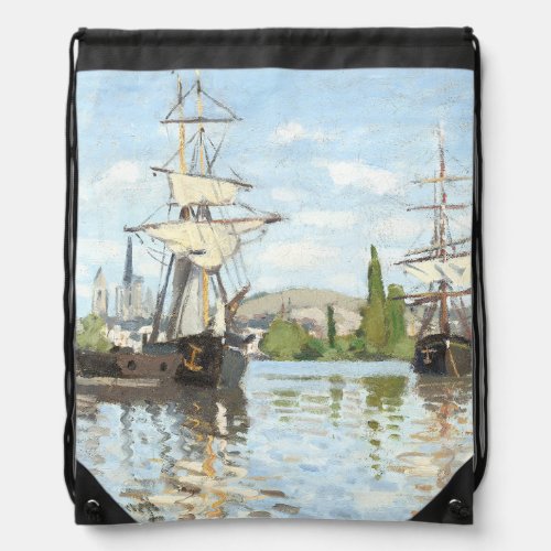 Claude Monet Ships Riding on the Seine at Rouen Drawstring Bag