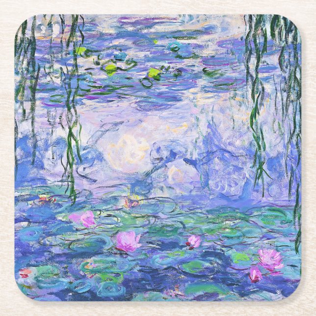 Claude Monet Water Lilies French Impressionist Art Square Paper Coaster (Front)