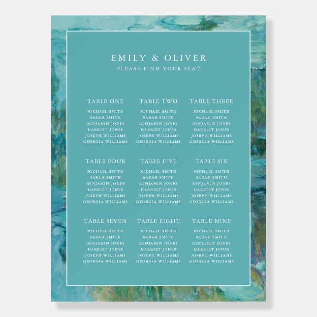 Claude Monet Water Lilies Wedding Seating Chart Foam Board (Front)