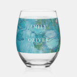 Claude Monet Water Lilies Wedding Stemless Wine Glass<br><div class="desc">Wedding wine glass with personalized names on Claude Monet Water Lilies painting background</div>