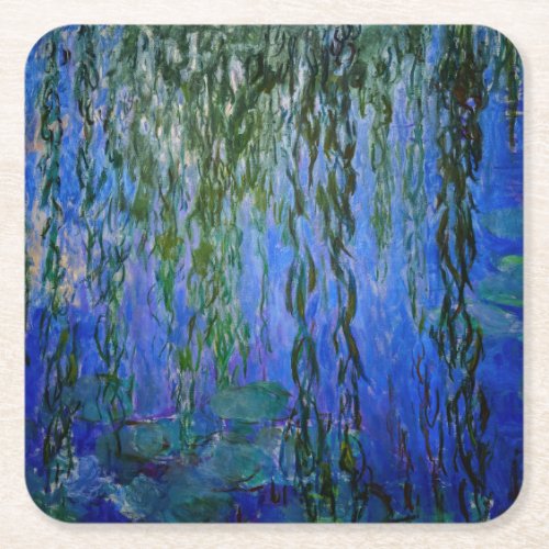 Claude Monet _ Water Lilies with weeping willow Square Paper Coaster
