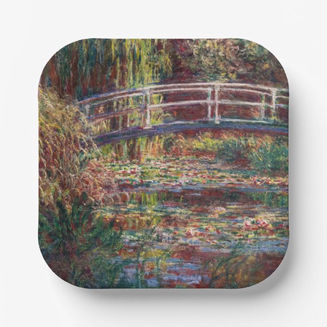 Claude Monet - Water Lily pond, Pink Harmony Paper Plates (Front)