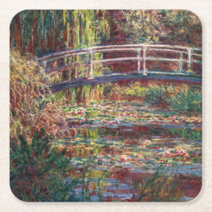 Claude Monet - Water Lily pond, Pink Harmony Square Paper Coaster