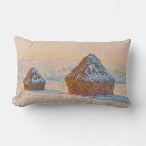Claude Monet _ Wheatstacks Snow Effect Morning Lumbar Pillow