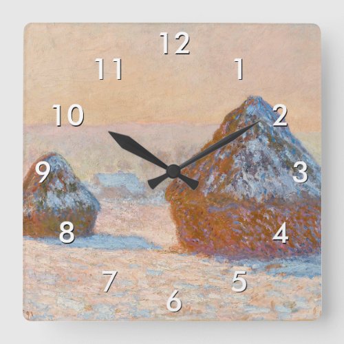 Claude Monet _ Wheatstacks Snow Effect Morning Square Wall Clock