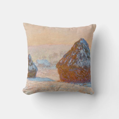 Claude Monet _ Wheatstacks Snow Effect Morning Throw Pillow